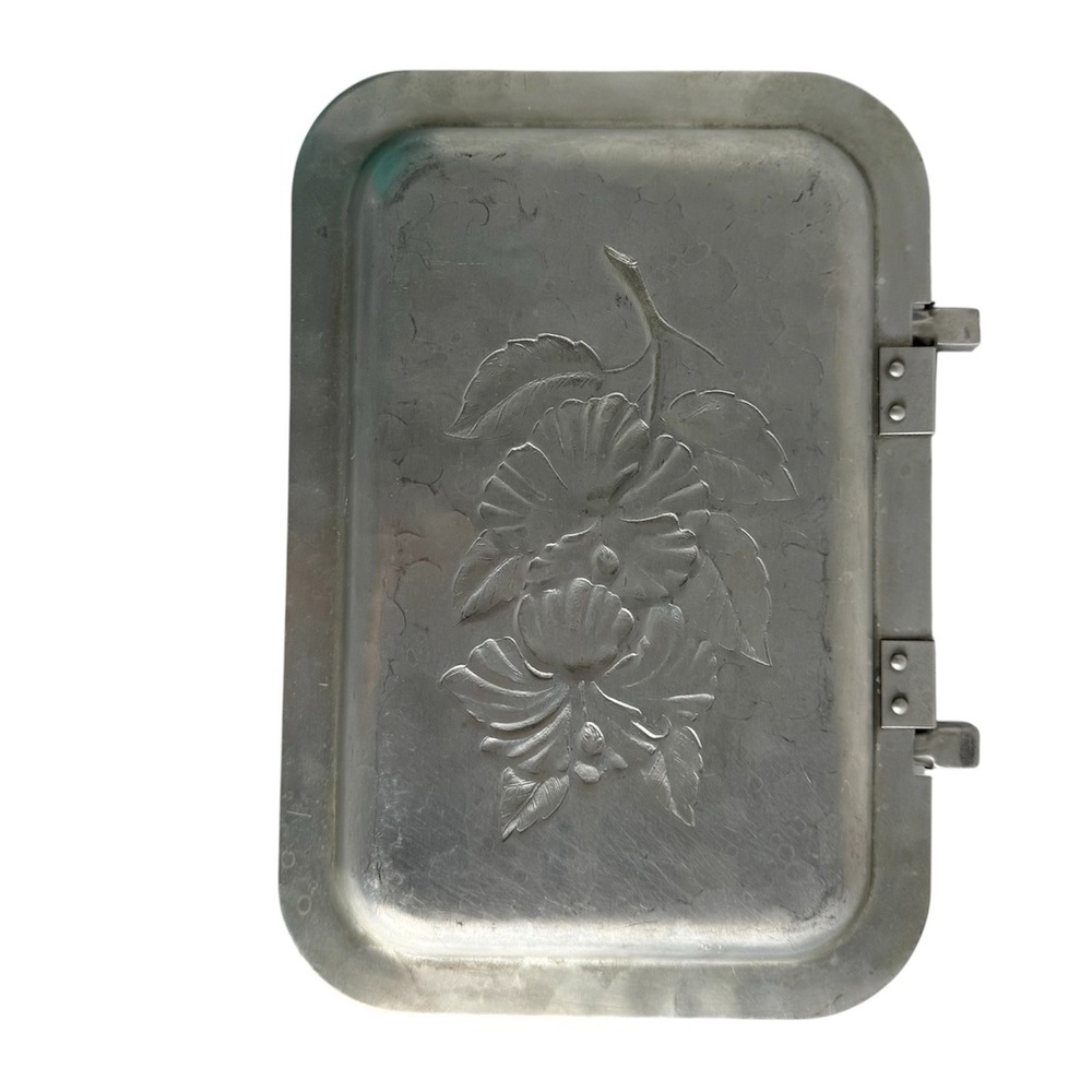Vintage Aluminum Floral Hinged Serving Tray Folding MCM Mid Century Mod Hammered - Picture 5 of 9